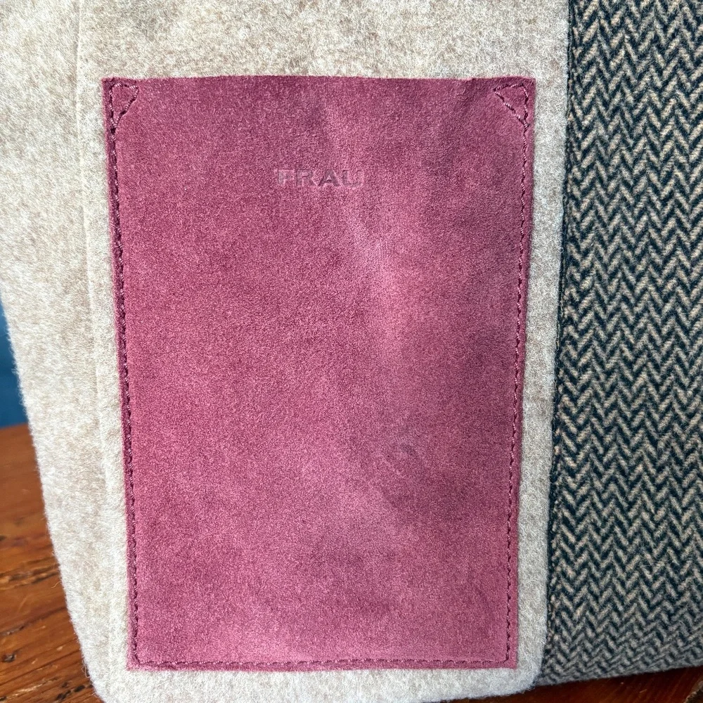 Frau Wool and Suede Tote Bag , Tan and Black Herringbone, Wine/Purple Italy